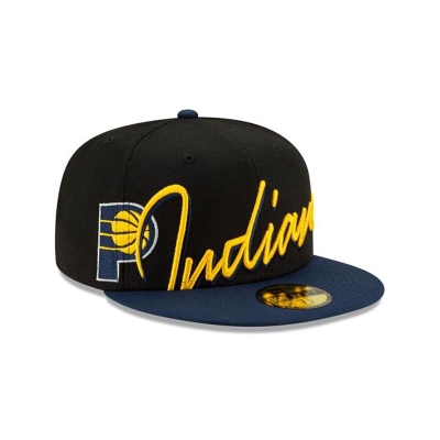 Black Indiana Pacers Hat - New Era NBA Cursive 59FIFTY Fitted Caps USA4953018